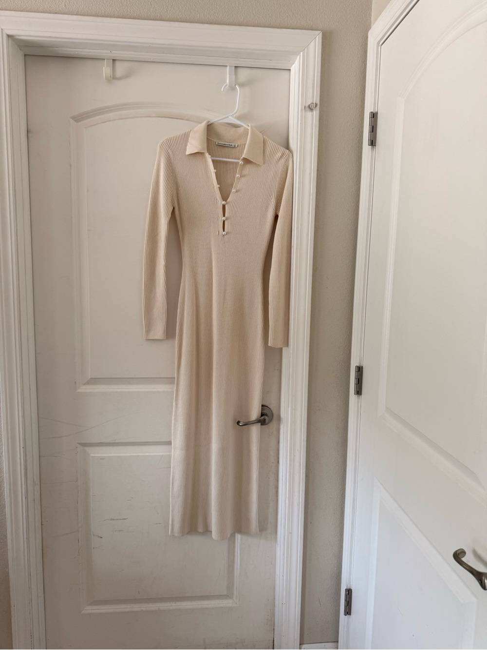 Abercrombie & Fitch Beige Ribbed Long-Sleeve Polo Midi Dress